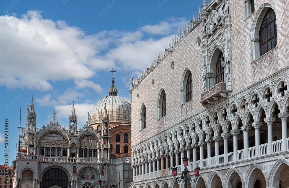 front view closeup of white Doge's Palace white tracery facade in Venice
