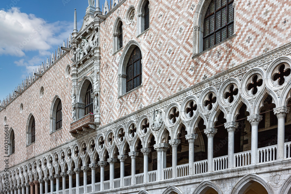 front view closeup of white Doge's Palace white tracery facade in Venice, Italy, Europe front view closeup of white Doge's Palace white tracery facade in Venice, Italy, Europe
