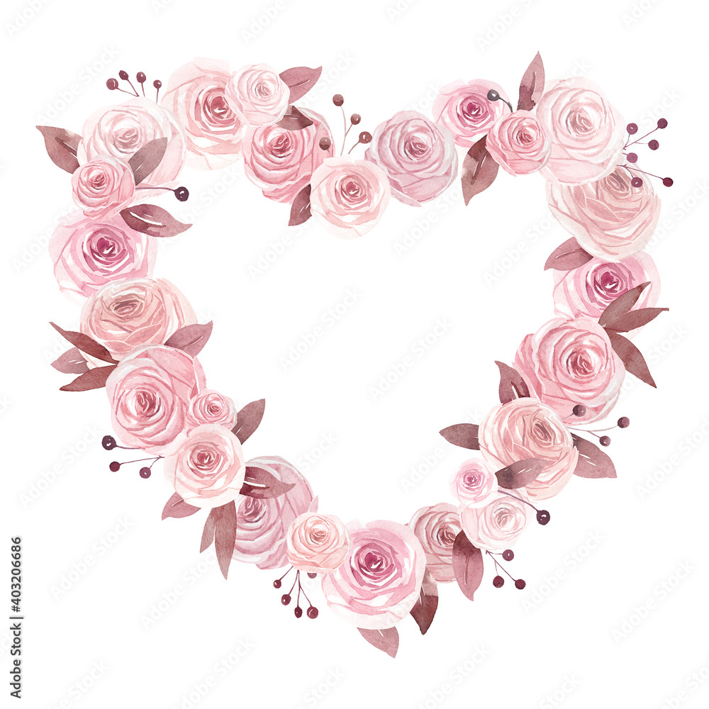 Hand drawn watercolor heart-shaped rose frames. Watercolor pink roses, leaves and branches
Background for Valentine's Day cards, for wedding invitations, holiday cards and printing, posters