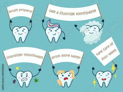 Cute teeth with motivation oral hygiene dentistry poster. Brush property, use fluoride toothpaste, consider mouthwash, drink more water, take care of teeth inspiration vector illustration isolated set