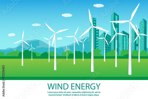 Landscape with skyscrapers and wind turbines for generating electricity. Renewable, clean, green energy concept banner design. Flat style vector illustration. Place for text photo