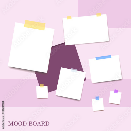 Sticky notes violet shades color mood board template. Decorative office memos pad, pins, sticky notes board and duct tape notes. Vector collage composition for branding presentation and photo frame 