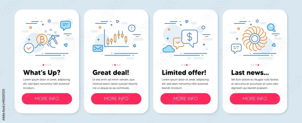 Set of Finance icons, such as Bitcoin mining, Candlestick graph, Payment received symbols. Mobile screen app banners. Fan engine line icons. Cryptocurrency pickaxe, Finance chart, Money. Vector