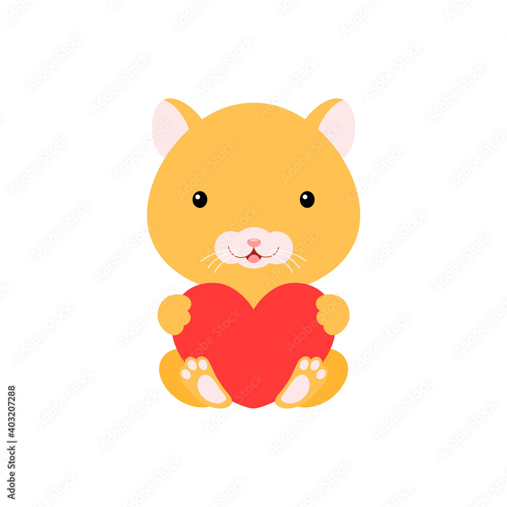 Cute funny hamster with heart on white background. Cartoon animal character for congratulation with St. Valentine day, greeting card, invitation, wall decor, sticker. Colorful vector illustration. Cute funny hamster with heart on white background. Cartoon animal character for congratulation with St. Valentine day, greeting card, invitation, wall decor, sticker. Colorful vector illustration.