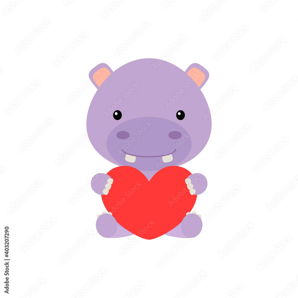 Cute funny hippo with heart on white background. Cartoon animal character for congratulation with St. Valentine day, greeting card, invitation, wall decor, sticker. Colorful vector stock illustration. Cute funny hippo with heart on white background. Cartoon animal character for congratulation with St. Valentine day, greeting card, invitation, wall decor, sticker. Colorful vector stock illustration.