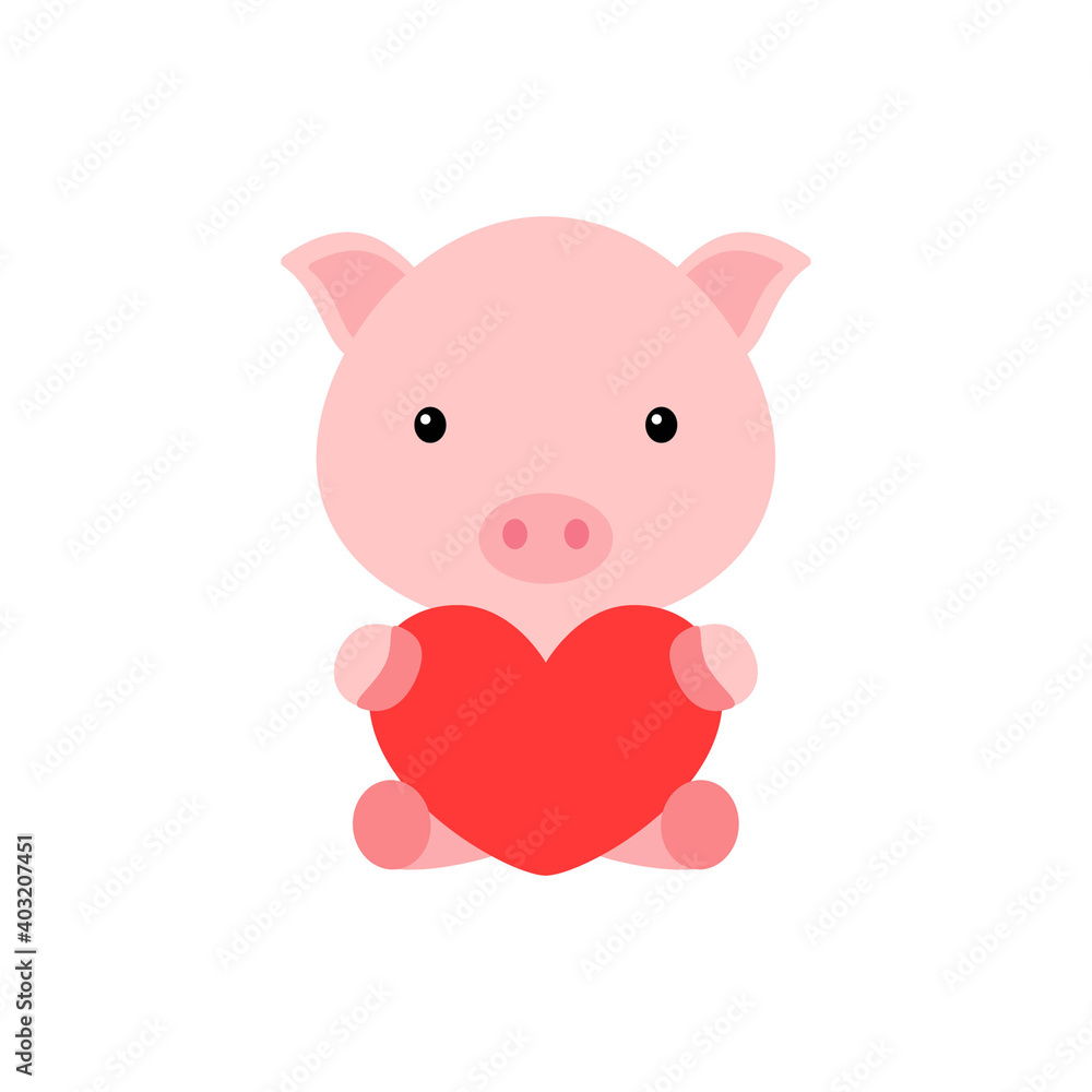 Cute funny pig with heart on white background. Cartoon animal character for congratulation with St. Valentine day, greeting card, invitation, wall decor, sticker. Colorful vector stock illustration. Cute funny pig with heart on white background. Cartoon animal character for congratulation with St. Valentine day, greeting card, invitation, wall decor, sticker. Colorful vector stock illustration.