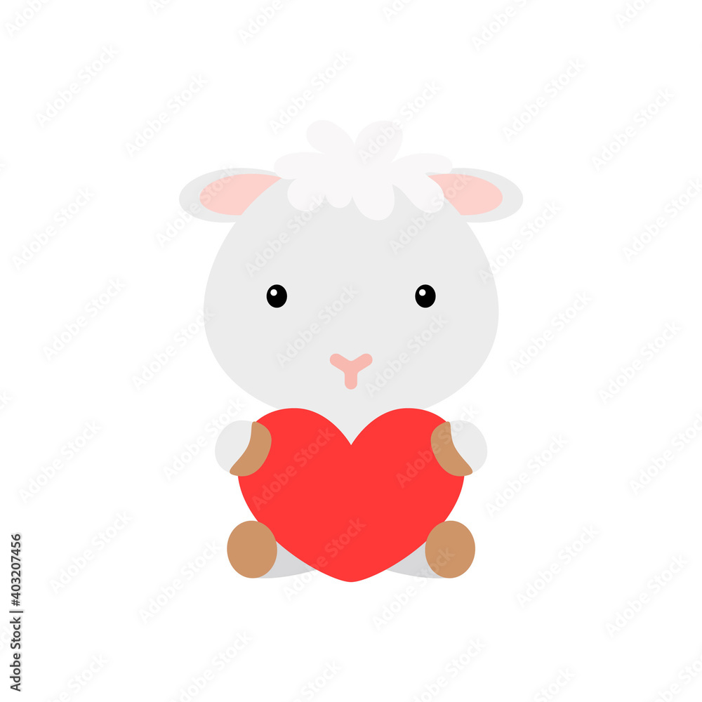 Cute funny sheep with heart on white background. Cartoon animal character for congratulation with St. Valentine day, greeting card, invitation, wall decor, sticker. Colorful vector stock illustration. Cute funny sheep with heart on white background. Cartoon animal character for congratulation with St. Valentine day, greeting card, invitation, wall decor, sticker. Colorful vector stock illustration.