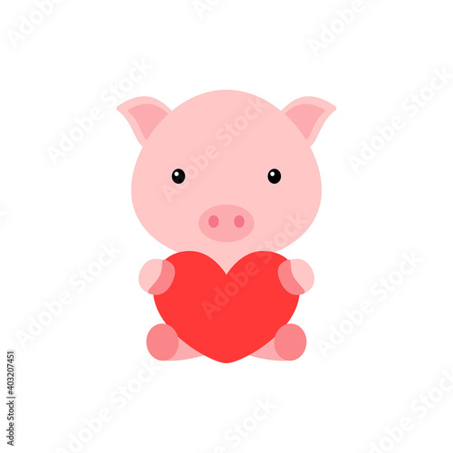 Cute funny pig with heart on white background. Cartoon animal character for congratulation with St. Valentine day, greeting card, invitation, wall decor, sticker. Colorful vector stock illustration. © Jexy