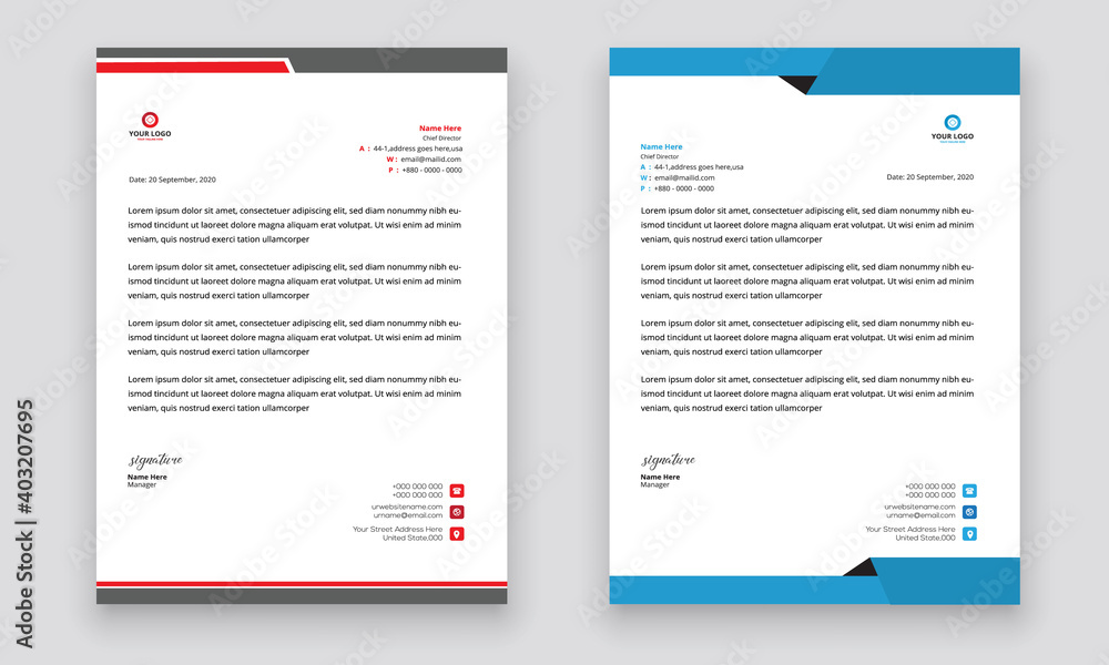 Business style letterhead template design for project with standard sizes.