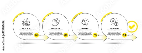 Arena, Electric plug and Loan percent line icons set. Timeline process infograph. Work sign. Sport stadium, Energy, Piggy bank. Settings. Infographics timeline banner. 4 steps plan diagram. Vector