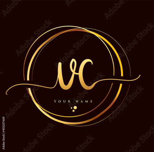 VC Initial handwriting logo golden color. Hand lettering Initials logo branding, Feminine and luxury logo design isolated on black background.