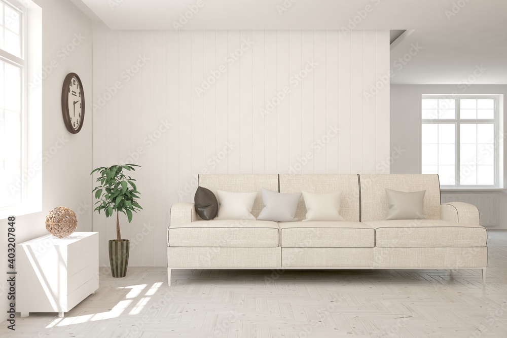 Fototapeta premium White living room with sofa. Scandinavian interior design. 3D illustration
