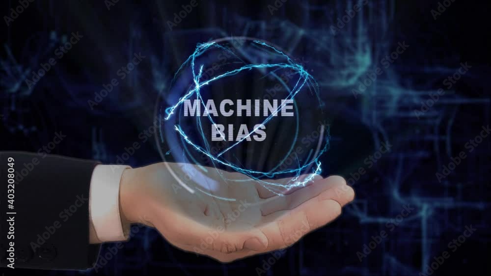 Painted hand shows concept text Machine Bias hologram on his hand. Drawn man in business suit with future technology screen and modern cosmic background Painted hand shows concept text Machine Bias hologram on his hand. Drawn man in business suit with future technology screen and modern cosmic background