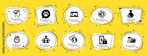 Business icons set. Speech bubble offer banners. Yellow coupon badge. Included icon as Private payment, Cash, Loyalty points signs. Pets care, Swipe up, Time symbols. Vector