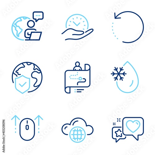 Technology icons set. Included icon as Journey path, World insurance, Heart signs. Cloud computing, Swipe up, Recovery data symbols. Safe time, Freezing water line icons. Line icons set. Vector
