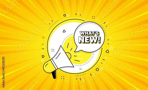 Whats new symbol. Yellow vector button with megaphone. Special offer sign. New arrivals symbol. Whats new line icon. Abstract yellow background. Vector