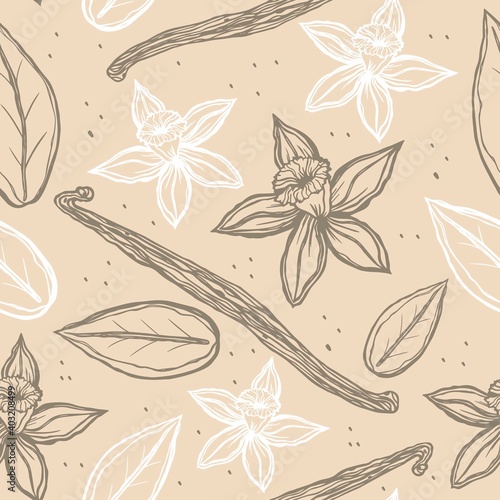 Vector vanilla plant seamless pattern. Flowers, sticks and vanilla leaves on a delicate background. Design for printing on textiles, paper, packaging, wallpaper. photo