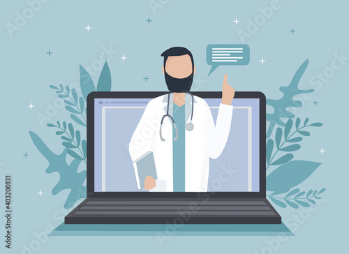 A doctor with a stethoscope on a laptop screen talks to a patient online. Medical consultations, exams, treatment, services, health care, conference online. for clinic website, app. Vector flat