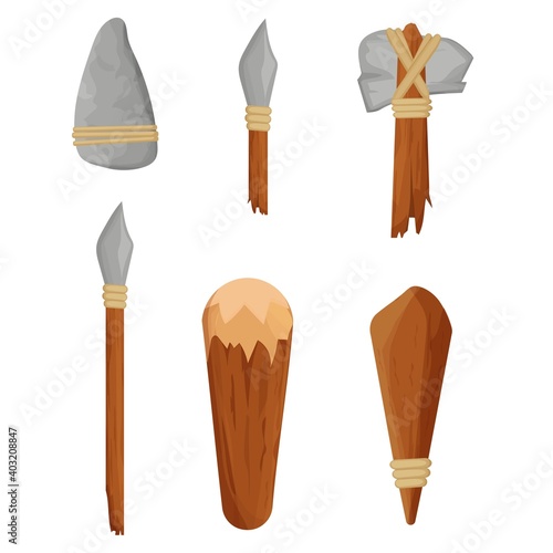 Set of stone age tools, weapon caveman equipment isolated on white background. Club, axe from wood and sharp stone, collection neanderthal handle objects in cartoon style.