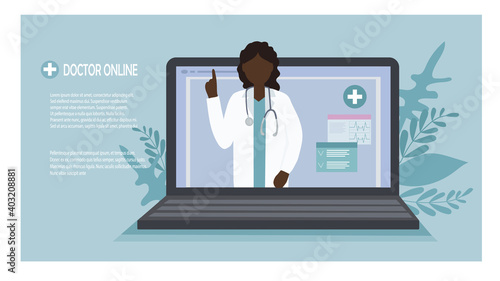 A black American woman doctor talks to a patient online. Video communication and messages. Medical consultations, exams, treatment, services, health care, conference online