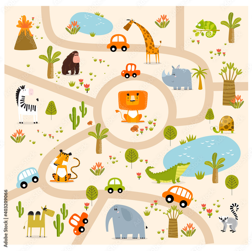 Naklejka premium Print. Tropical maze with animals in safari park. Cartoon tropical animals. African animals. Road in a safari park. Game for children. Children's play mat. 