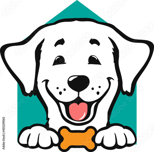 smiling dog face and home symbol as logo, icon or pet design template. happy white puppy  with tongue emblem made in cartoon style vector illustration