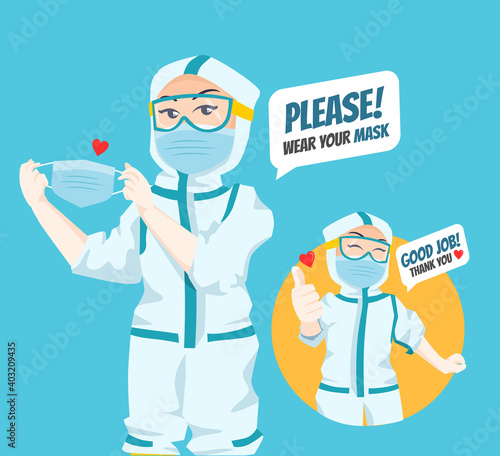 Expressive Nurses character Illustration wearing ppe hazmat suit  holding face mask and giving thumbs up
