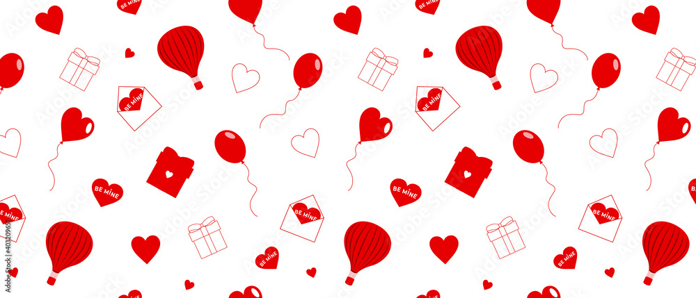 Seamless valentine day pattern with red hearts, balloons, messages, gift boxes on white background. Ready template for design, postcards, print, packaging, party, textile. Vector illustration