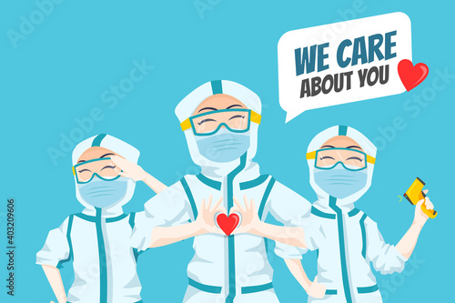 Three Expressive Nurses character Illustration wearing ppe hazmat suit  showing love and care about covid19 patient banner