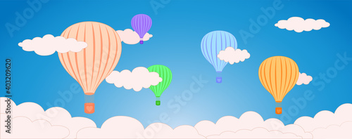 Air Ballon and Cloud in the blue sky, vector banner flat style design elements illustration