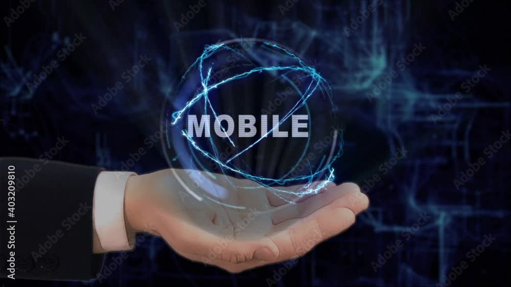 Painted hand shows concept text Mobile hologram on his hand. Drawn man in business suit with future technology screen and modern cosmic background Painted hand shows concept text Mobile hologram on his hand. Drawn man in business suit with future technology screen and modern cosmic background