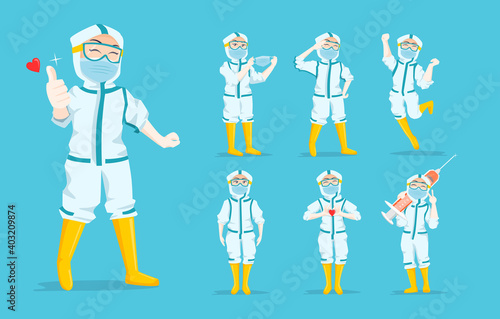Set Collection of Expressive Nurse Character Illustration wearing ppe hazmat suit with different posture and gesture 