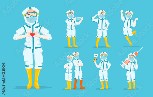 Set Collection of Expressive Nurse Character Illustration wearing ppe hazmat suit with different posture and gesture 