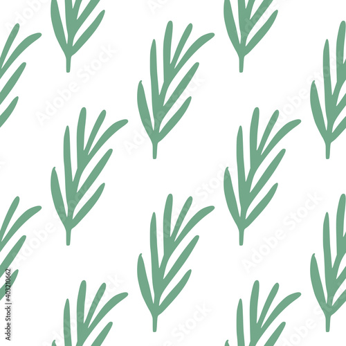 Isolated seamless herbal pattern with green doodle rosemary silhouetes. White background.