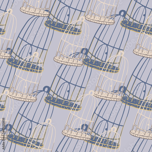 Decorative seamless pattern with grey and navy blue bird cage ornament. Blue background.