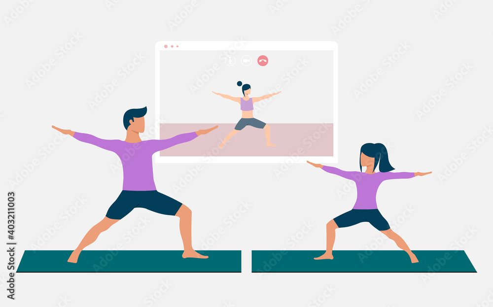 Father and his daughter doing yoga pose and watching online yoga practice on TV or projector. Stay home concept. Home activity during quarantine. Online courses, education. Eps 10. Father and his daughter doing yoga pose and watching online yoga practice on TV or projector. Stay home concept. Home activity during quarantine. Online courses, education. Eps 10.