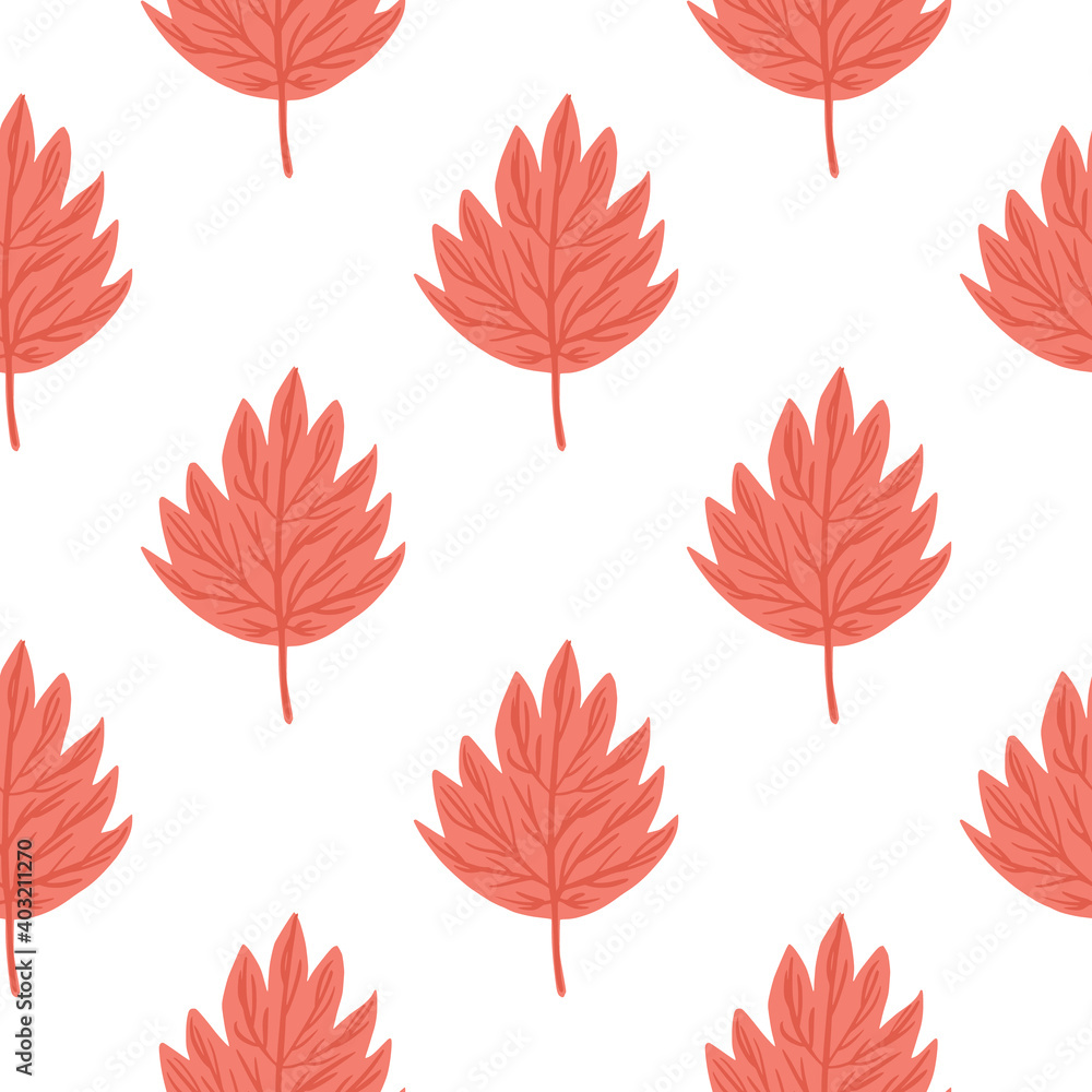 Fototapeta premium Isolated seamless pattern with simple doodle autumn leaves elements. Pink contoured print on white background.