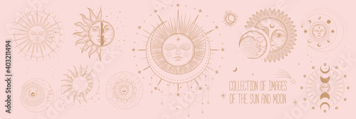 Vector illustration set of moon phases. Different stages of moonlight activity in vintage engraving style. Zodiac Signs