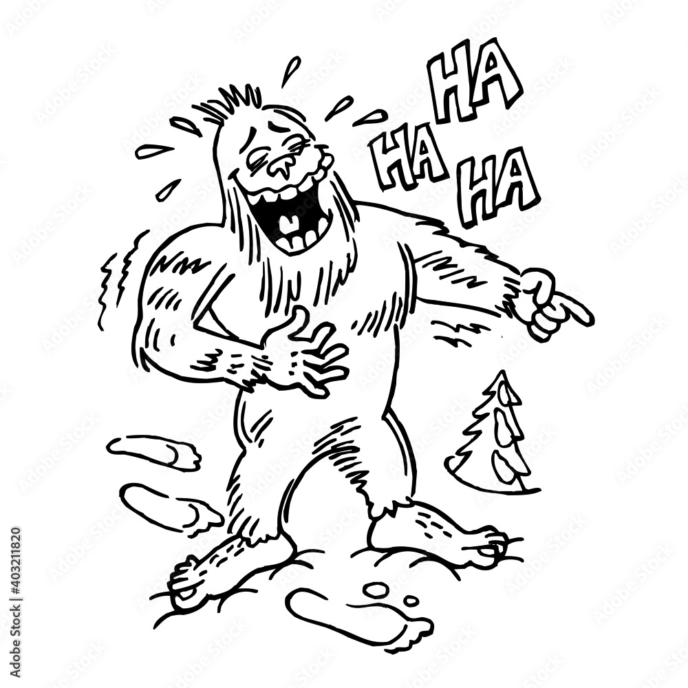 Bigfoot laughs and points a finger, winter joke, black and white cartoon Bigfoot laughs and points a finger, winter joke, black and white cartoon