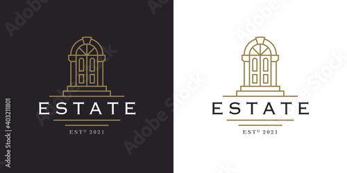 Vintage royal door line icon. Classic luxury estate realty company logo emblem. Old property facade doorway entrance sign. Vector illustration.
