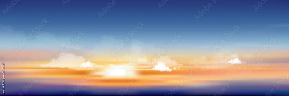 Sunset sky in evening with orange, yellow and purple colour, Dramatic twilight landscape with dark blue sky,Vector mesh horizon banner of sunrise for Spring or Summer background, Panorama natural - obrazy, fototapety, plakaty 