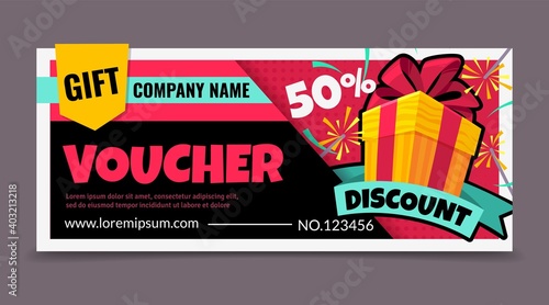 Gift voucher. Promotion birthday certificate with gift box, surprise discount ticket, promo shopping flyer, present sale coupon, special offer template vector horizontal flat illustration