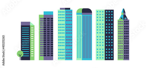 Minimal skyscrapers. Commercial architectural landscape, high multi-storey buildings, modern city urban panorama, simple geometric forms blue and green color vector flat set