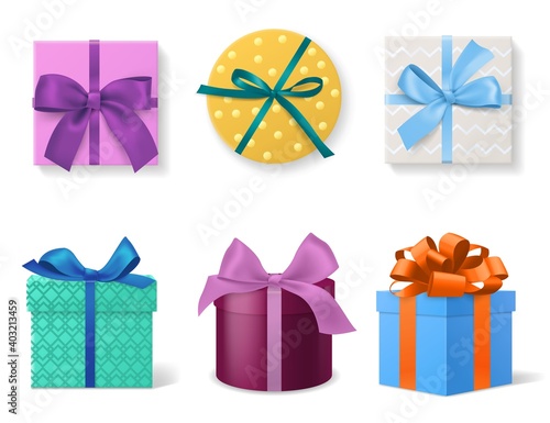 Different colors gift boxes. Realistic 3d cardboard holiday decor packaging with colorful ribbons and bows, top and side view. Birthday, christmas or valentine day presents vector set