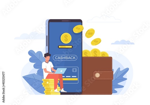 Cashback. Small people and big items coins, huge smartphone and purse, ewallet mobile app, banking cashback for buyer, customer money refund, financial promotion instrument vector concept