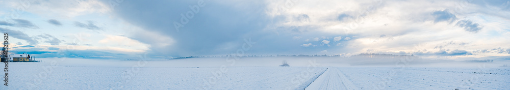 Panorama of agriculture fields covered with snow and fog in winter. Rural landscape.