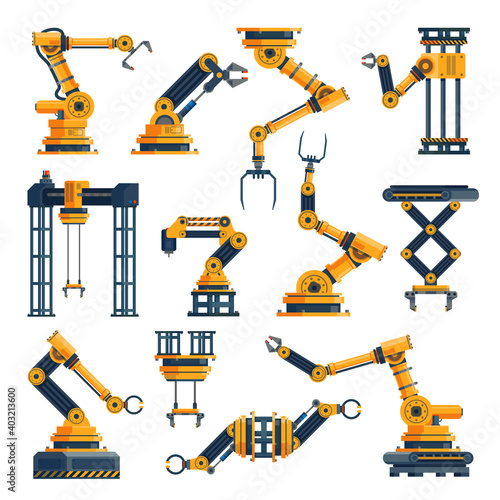 Robotic arms. Technological factory equipments elements, automatic electronic manipulators system, robotic technology collection, mechanical tools. Vector flat isolated set