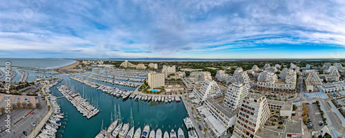 Aerial panoramic drone city scape from above La Grande Motte France