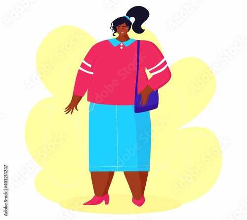 A young african american obese woman in fashion cloth. A girl wants to get rid of belly fat.