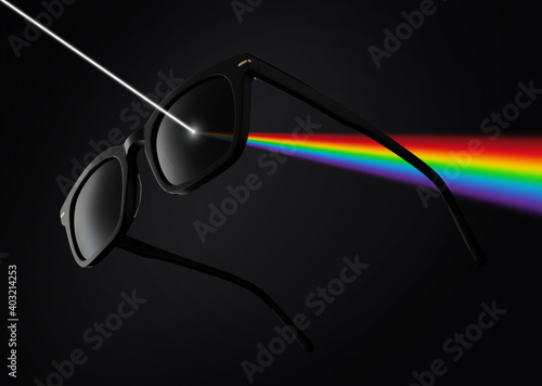 concept of polarized lenses, sunglasses isolated on black background filter the rays of sunlight, with rainbow colors illustration